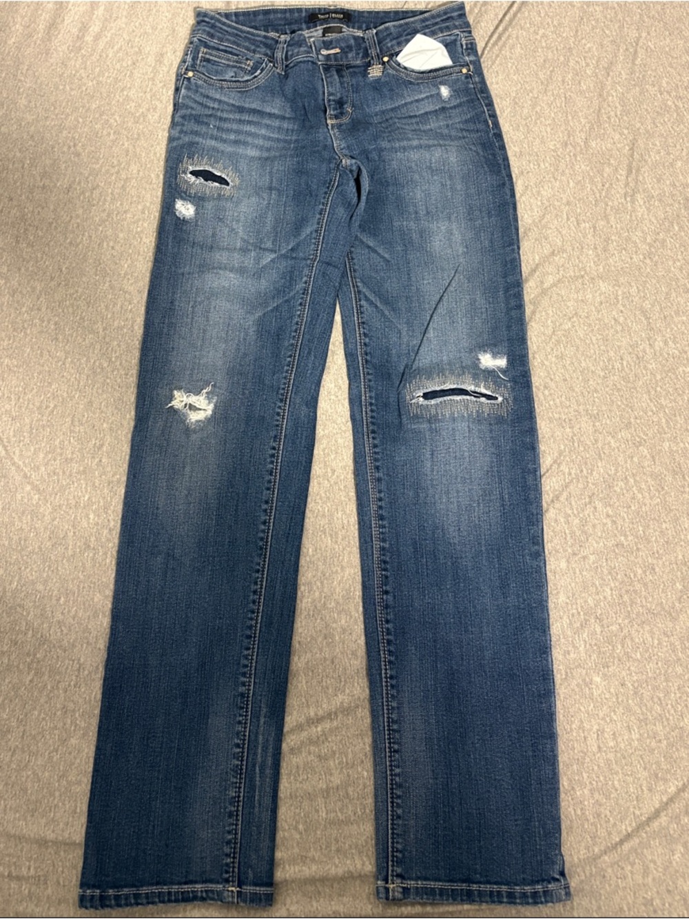 White House Black Market Distressed Medium Blue Straight Leg Jeans